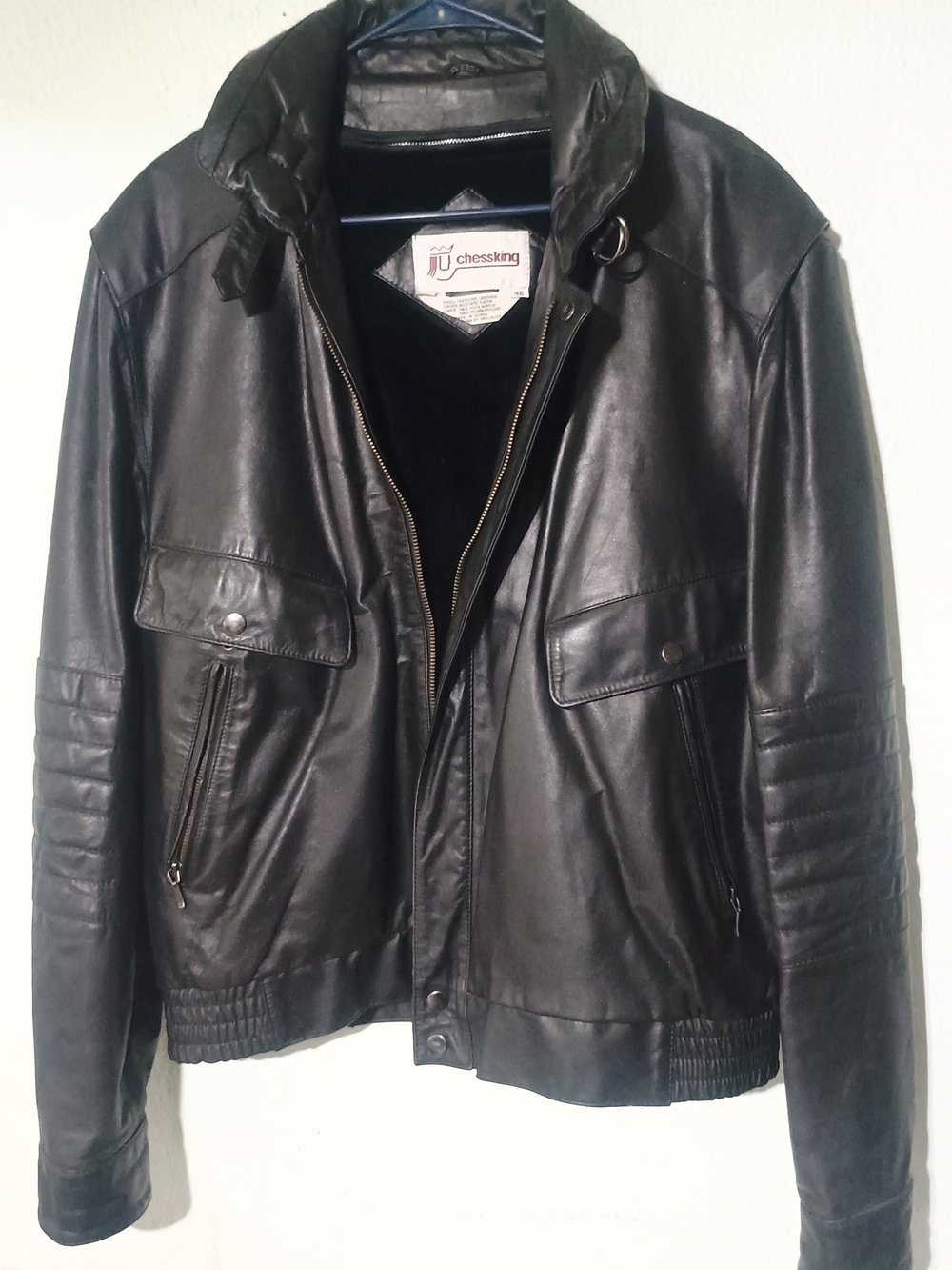 Men's 80s-90s Black Leather Bomber Jacket - Ribbed - Removable Lining 46 XL Nice